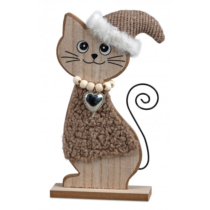 Katze mit Mütze 23cm Holz