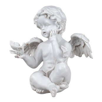 Engel sitzend mit Vogel 16cm Klassik-Weiss