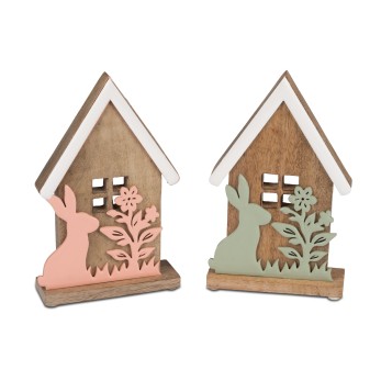 Haus mit Hase 16cm Mangoholz