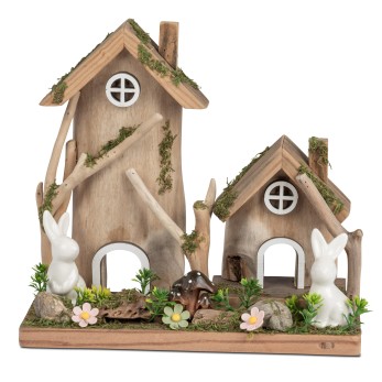 Häuser mit Hasen 22cm Holz mit Keramik